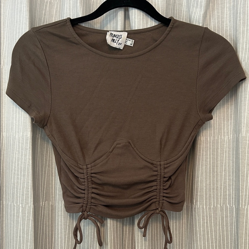 Princess Polly Army Green Ruched Drawstring Crop Top Size 6